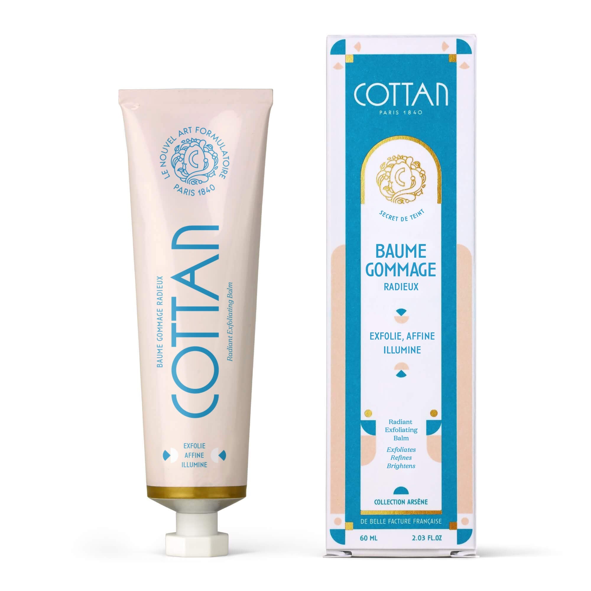 Vista frontal del tubo y el estuche del Baume Gommage Radieux de la marca COTTAN. Tratamiento exfoliante facial que exfolia, afina e ilumina la tez, envase beige y azul con el logotipo COTTAN Paris 1840, la mención «Baume Gommage Radieux» y una capacidad de 60 ml.