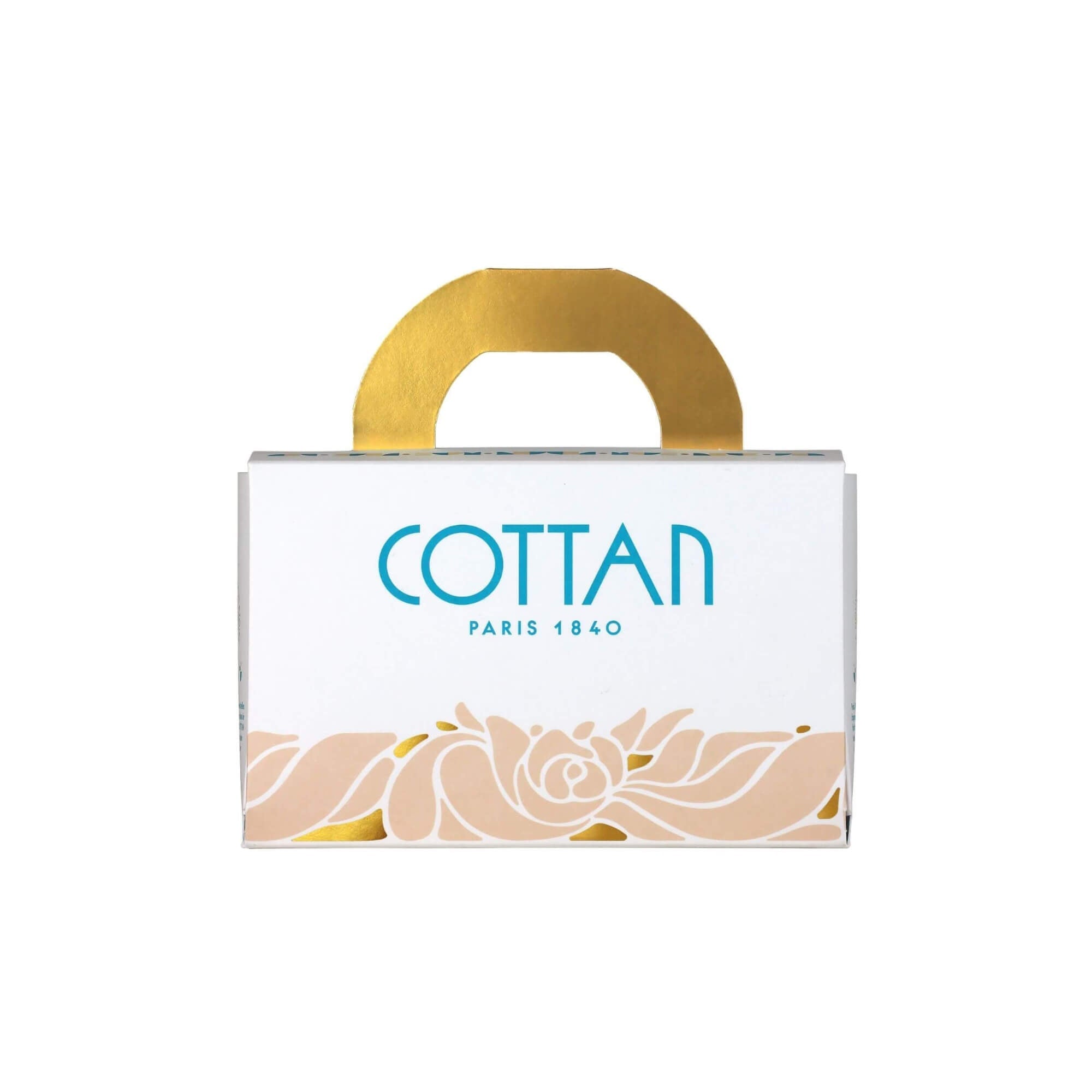 Vista frontal de la caja del estuche de viaje Rituel Arsène de la marca COTTAN. Estuche de regalo blanco con el logotipo de COTTAN Paris 1840, ilustración floral y asa dorada.