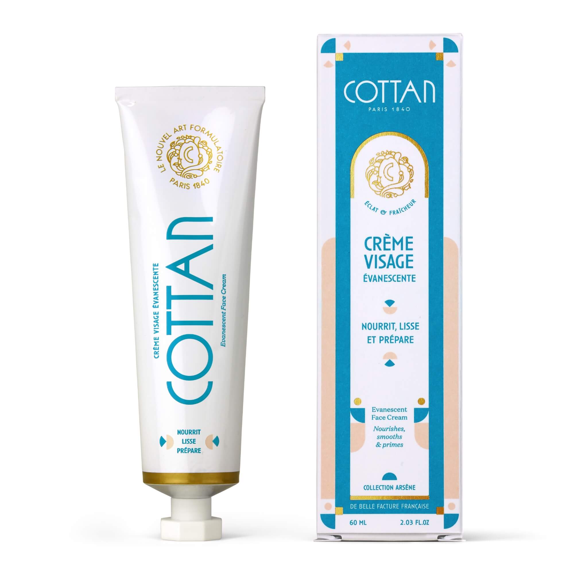 Fotografía publicitaria de la crema facial Évanescente COTTAN Paris 1840 con su tubo y su estuche Collection Arsène. Presentación frontal sobre fondo claro que resalta el elegante diseño, la tipografía icónica y la identidad premium del producto.