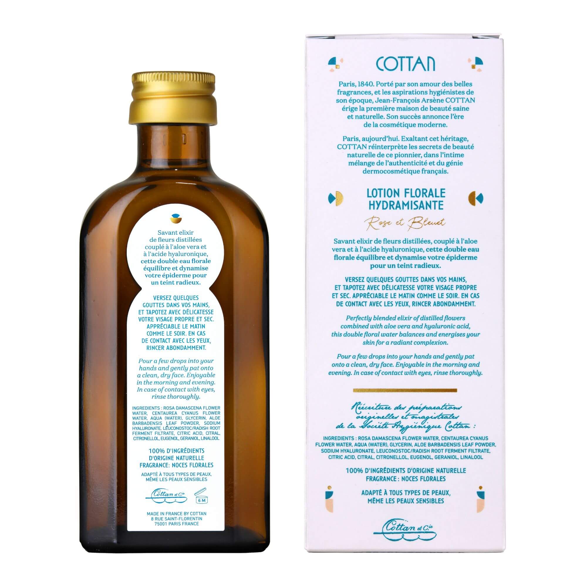 Vista posterior de la loción floral Hydramisante COTTAN y su envase. La etiqueta posterior incluye información detallada, como los ingredientes y las instrucciones de uso.