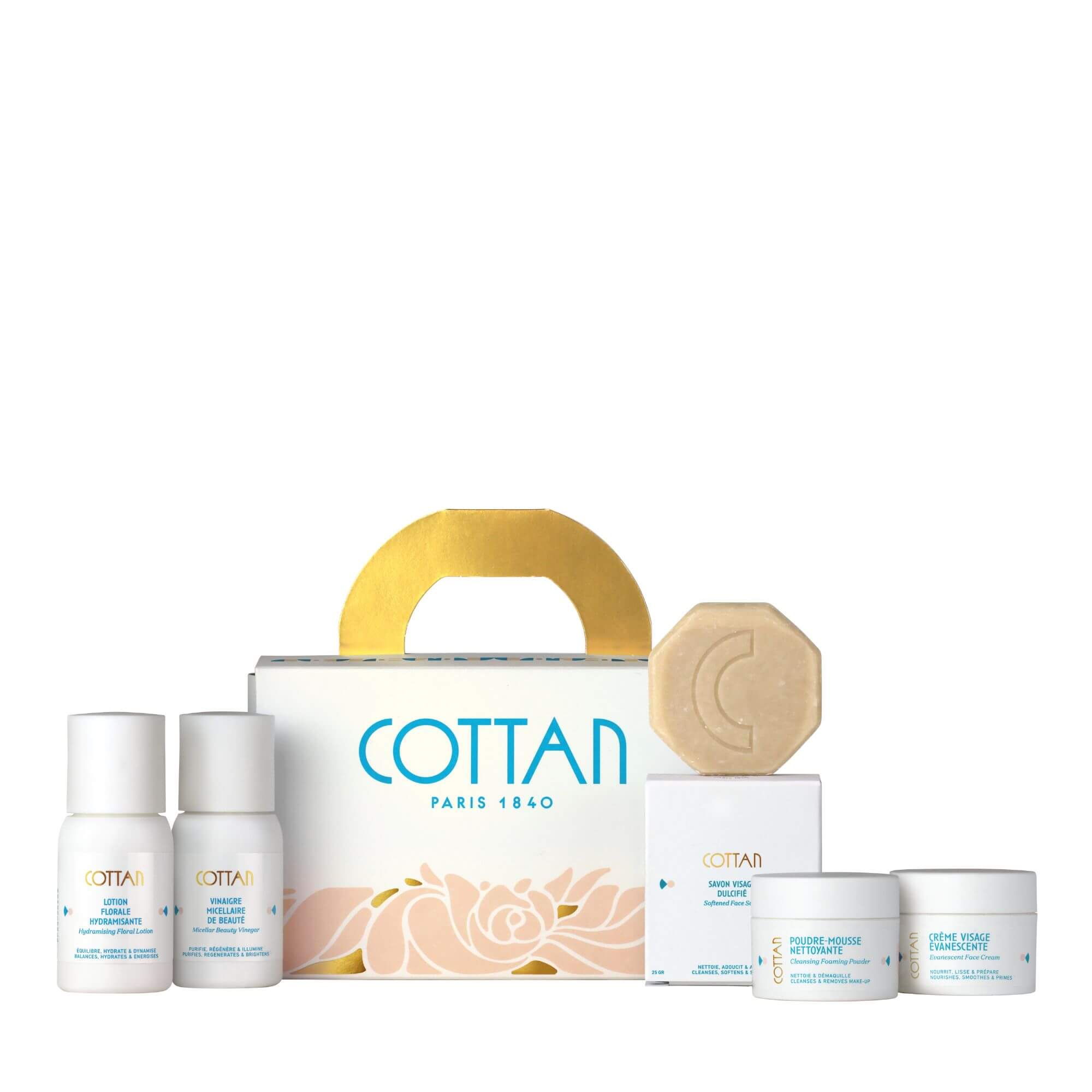 Coffret cadeau COTTAN "Rituel Arsène" pour le soin du visage en format voyage, de face avec le savon octogonal à côté. La boîte blanche et dorée affiche le logo bleu COTTAN, mettant en valeur le savon et les autres produits de soin.
