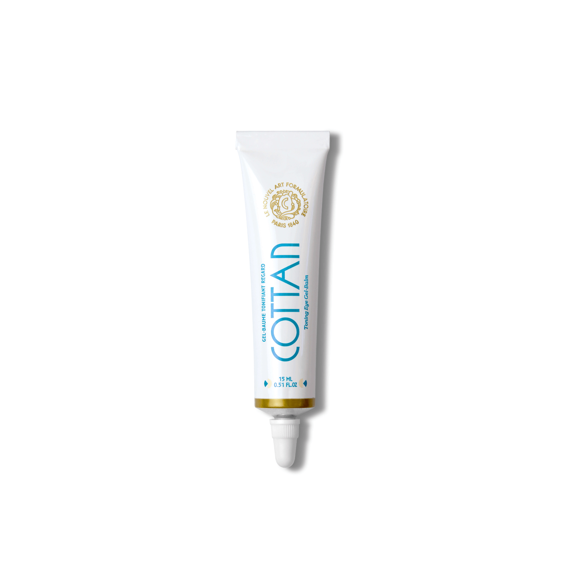 Front view of COTTAN eye toning balm gel, 15 ml, with a gold seal design.