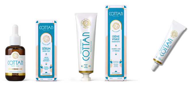 Vue de face de la routine de soins visage de Paula par COTTAN, comprenant le vinaigre micellaire de beauté, le sérum Bonne Mine et la crème visage Évanescente avec leurs étuis. Routine complète de soins visage COTTAN Paris 1840 pour purifier, illuminer et nourrir la peau.