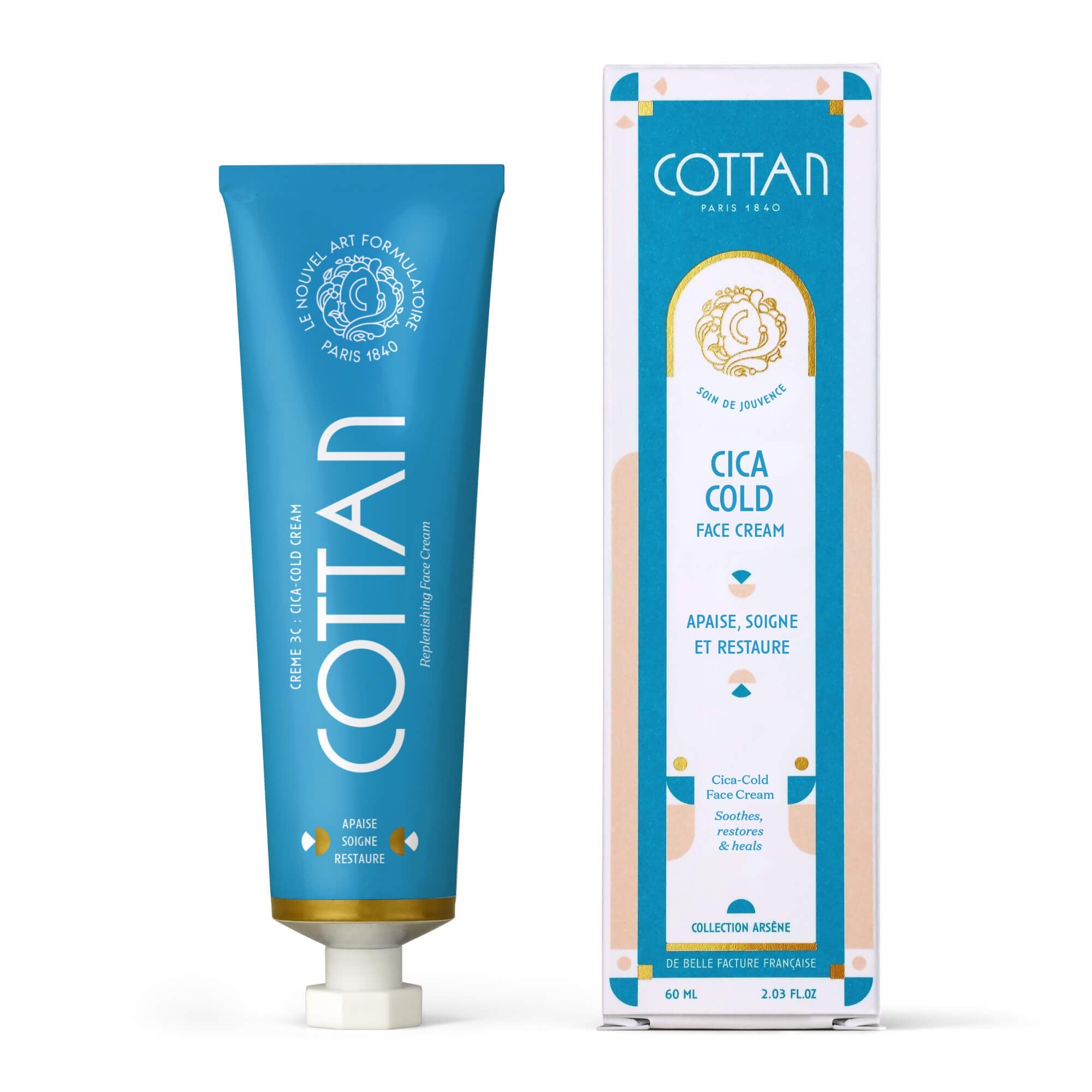 Vista frontal del tubo y el estuche de la crema facial Cica Cold de la marca COTTAN. Tratamiento facial calmante y reparador, envase azul con el logotipo de COTTAN Paris 1840, la mención «Cica Cold Face Cream» y la indicación «Calma, cuida y restaura», contenido 60 ml.