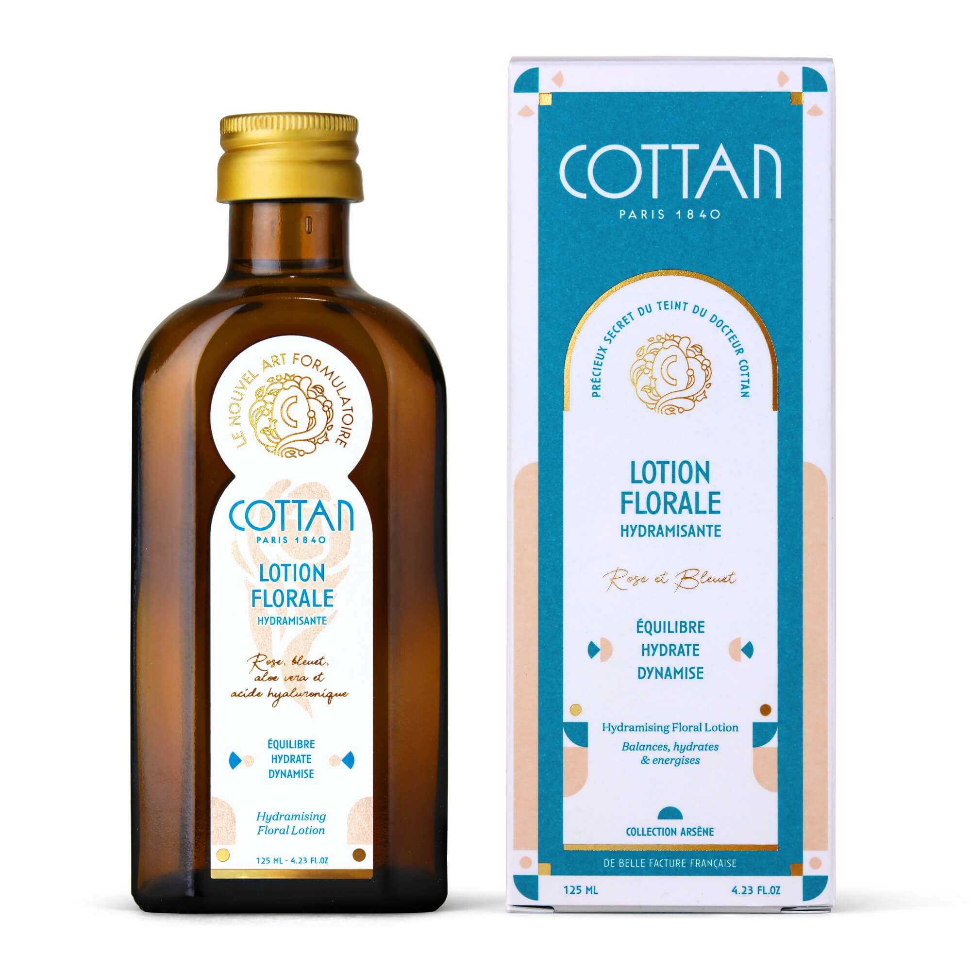Vista frontal de la loción floral Hydramisante COTTAN, junto a su envase. La foto muestra claramente el nombre del producto, el logotipo de la marca y una ilustración de flores, lo que resalta su esencia floral.