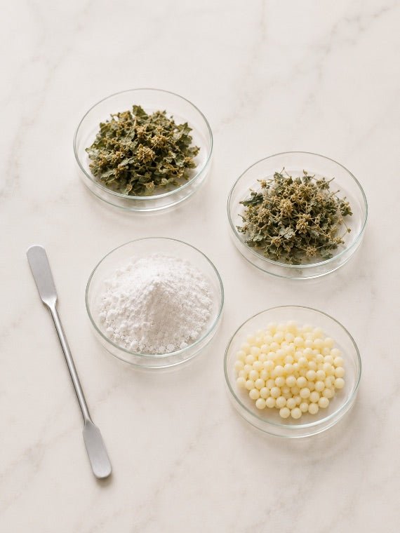 Selection of ingredients — cups of botanical extracts on marble